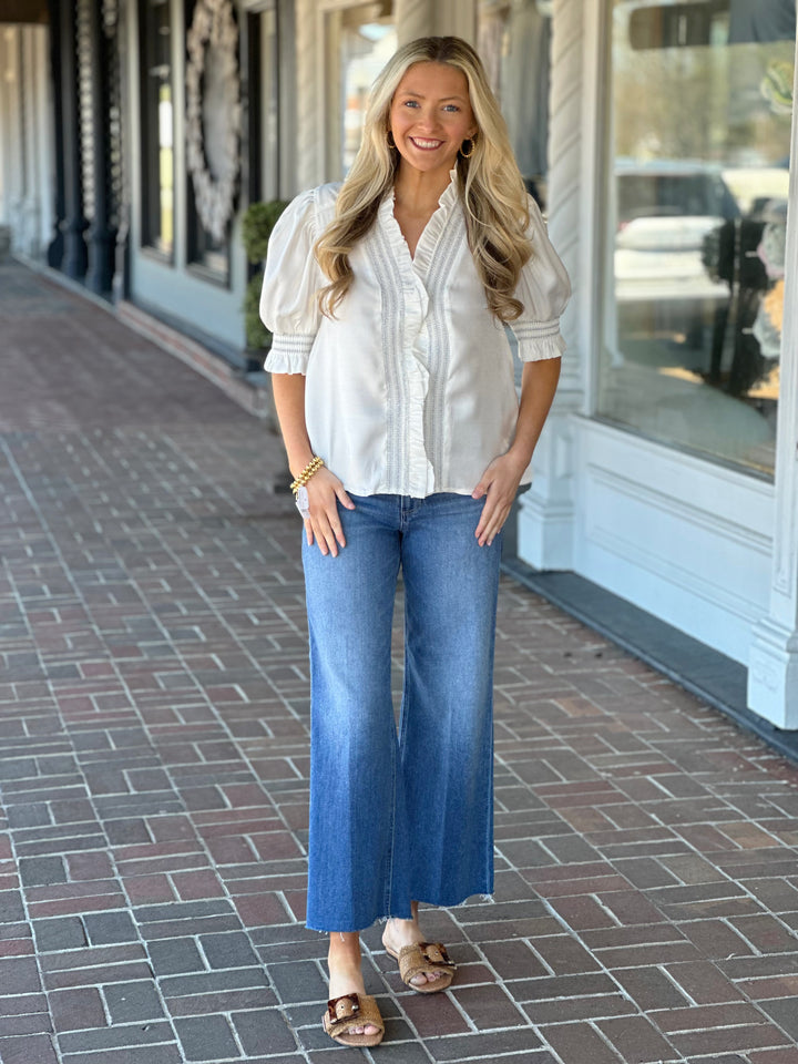 Ruffle Smock Neck Top in White