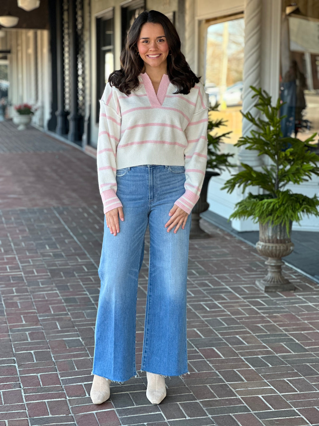 Pink Stripe V-Neck Sweater