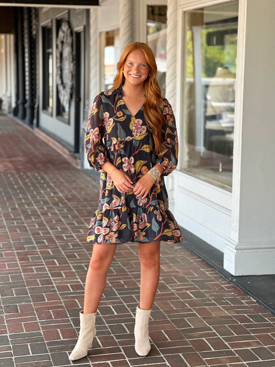 Tropical Floral Printed Dress in Black