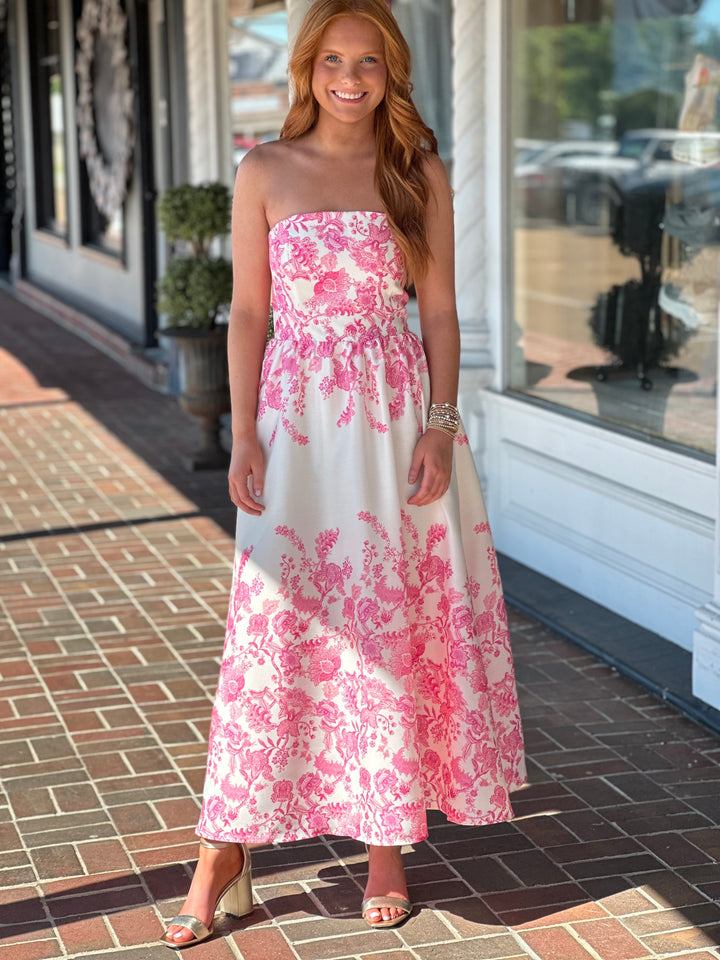 Shirred Bodice Printed Midi Dress in Ivory Pink