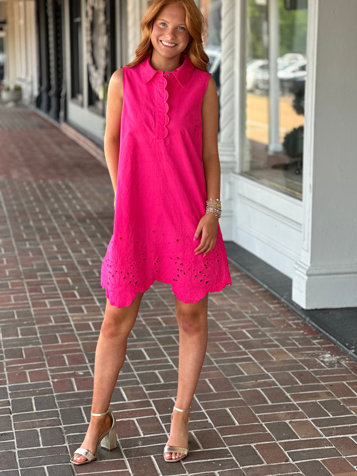 Solid Sleeveless Scallop Trim Mini Dress in Hot Pink