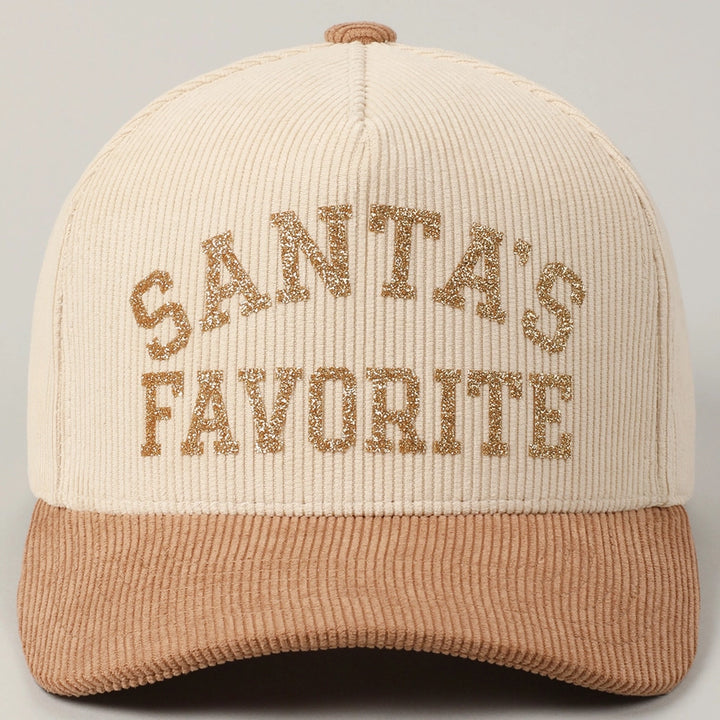 Santa's Favorite Glitter Text 5 Panel Corduroy Cap in Beige