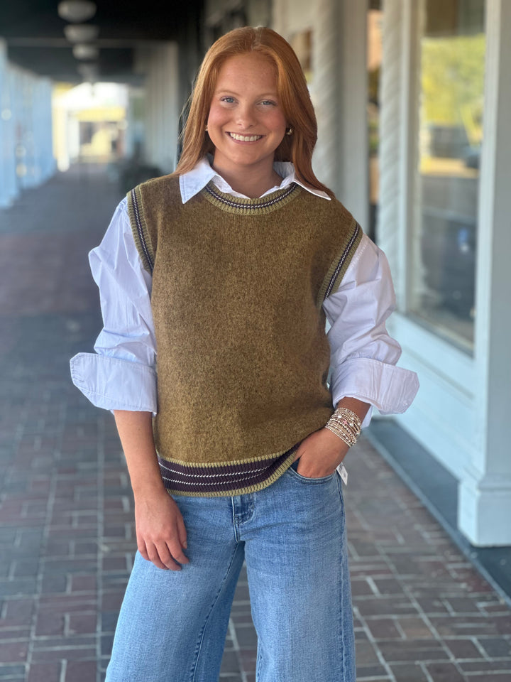 Olive Ribbed Crewneck Sweater Vest