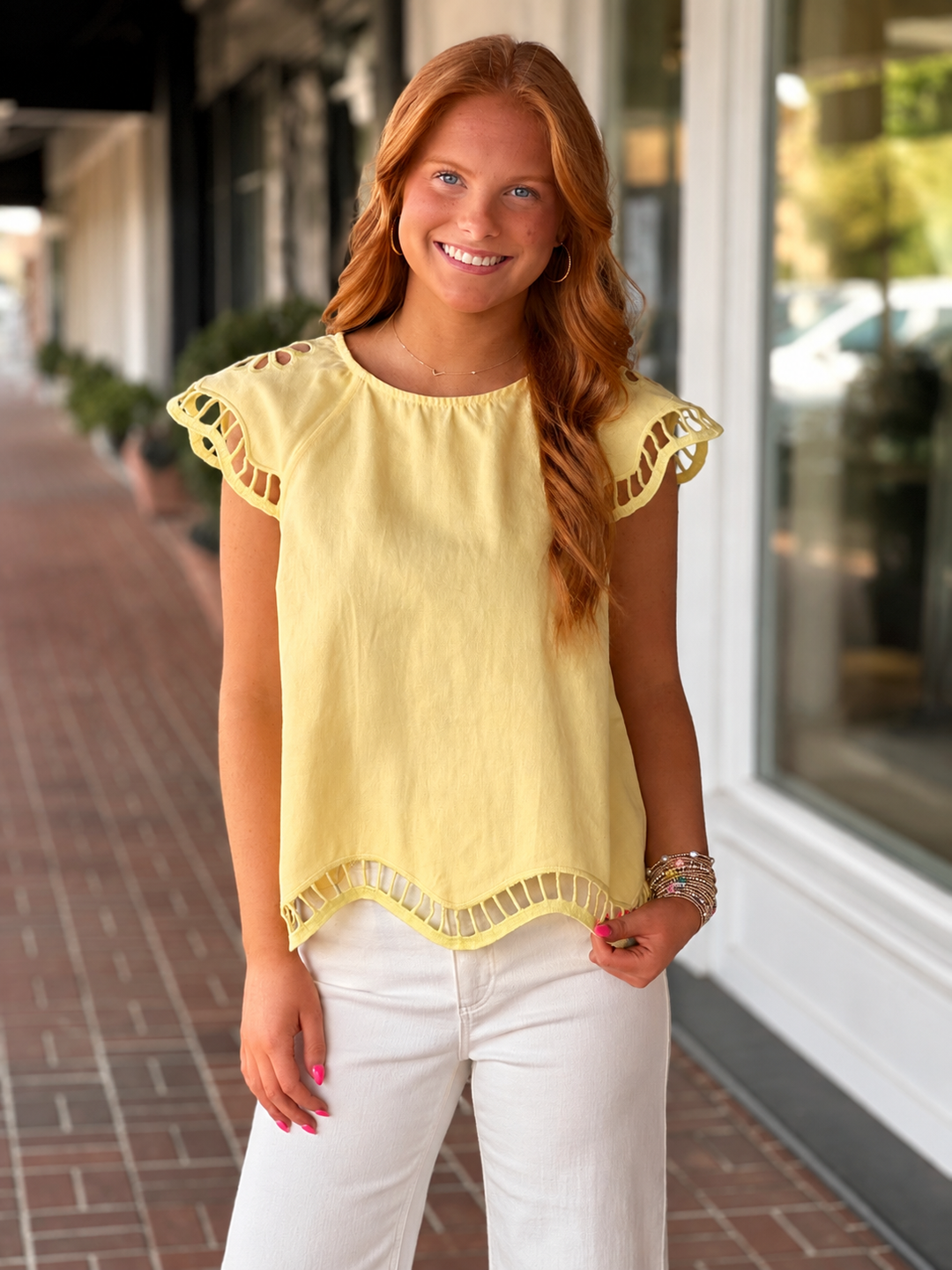 Embroidered Cut-Out Cap Sleeve Top in Lemon Cream