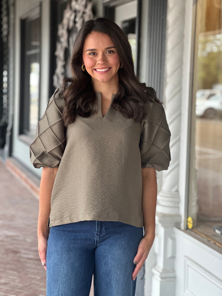 Quilted Detailed Top in Olive