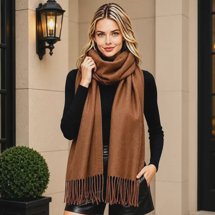 Classic Plain Fringe Scarf in Tan