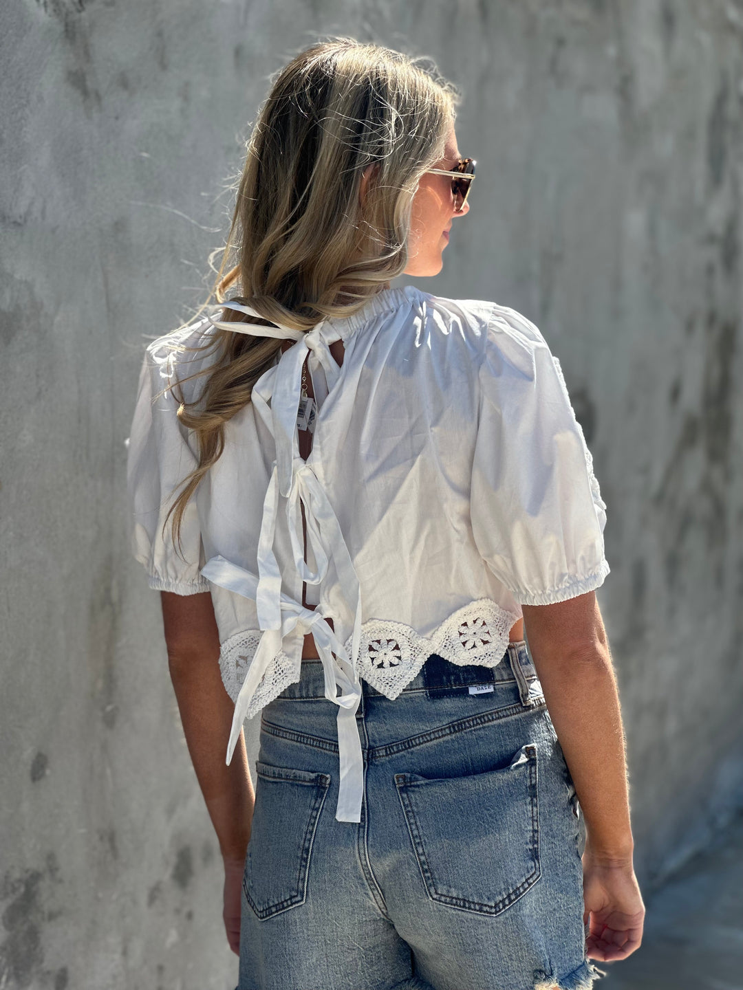 Open-Back Puff Sleeve White Blouse