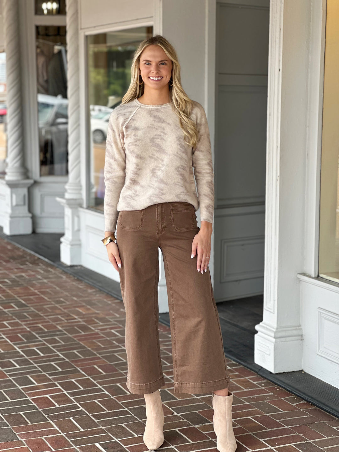 Charlie B Reversible Printed Sweater in Oat
