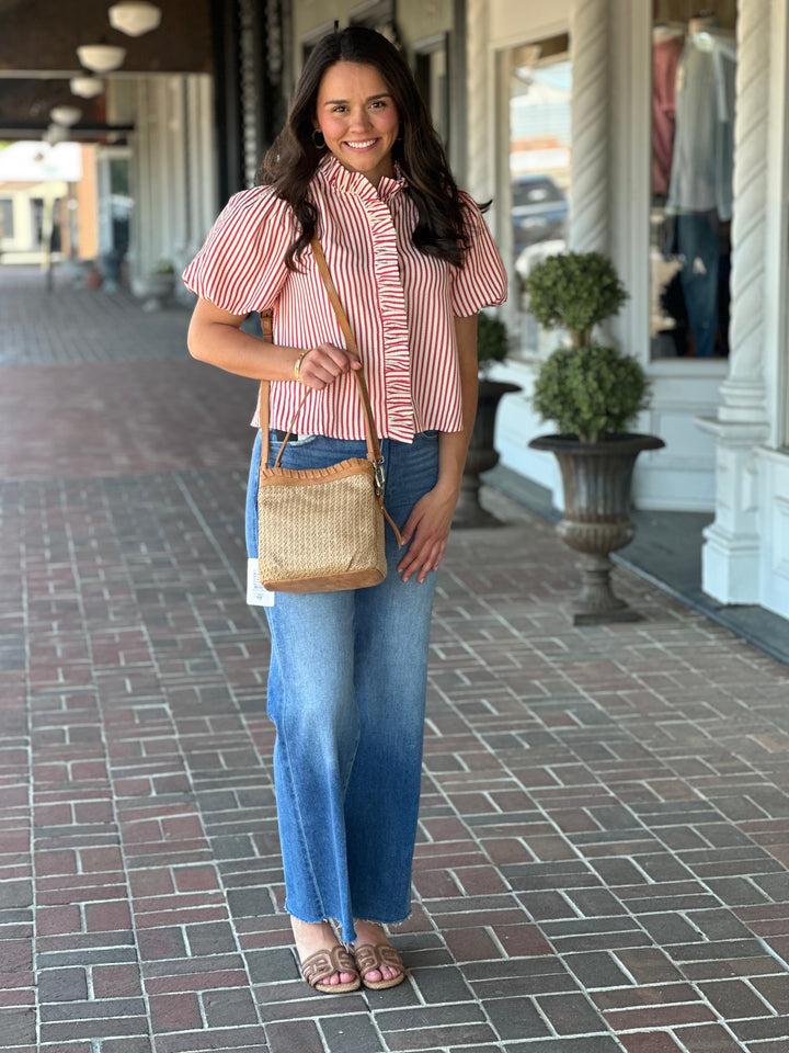 Striped Ruffled Button Down Top in Berry Red