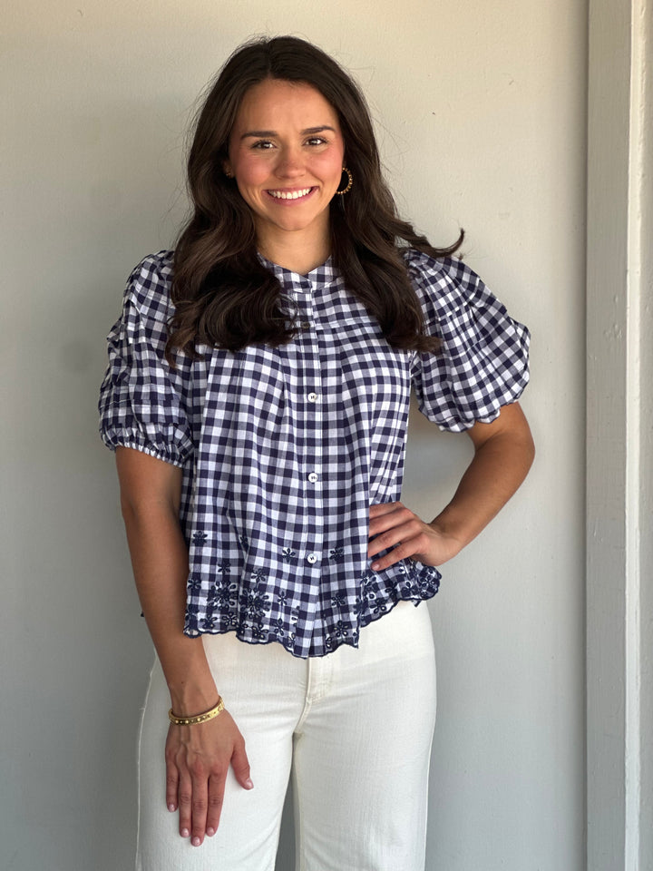 Abbie Gingham Puff Sleeve Top in Navy