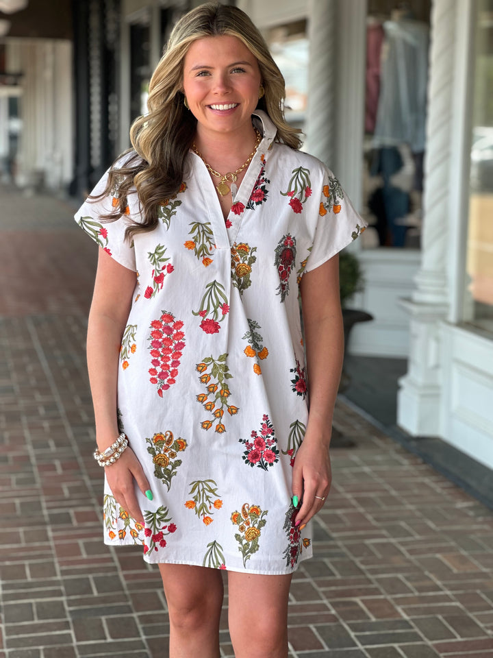Cream Short Sleeve Printed Dress