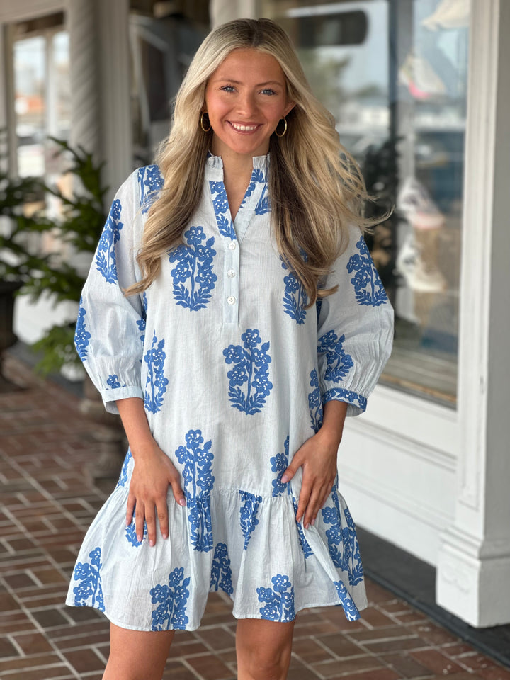 Light Blue Long Sleeve Floral Pattern Dress