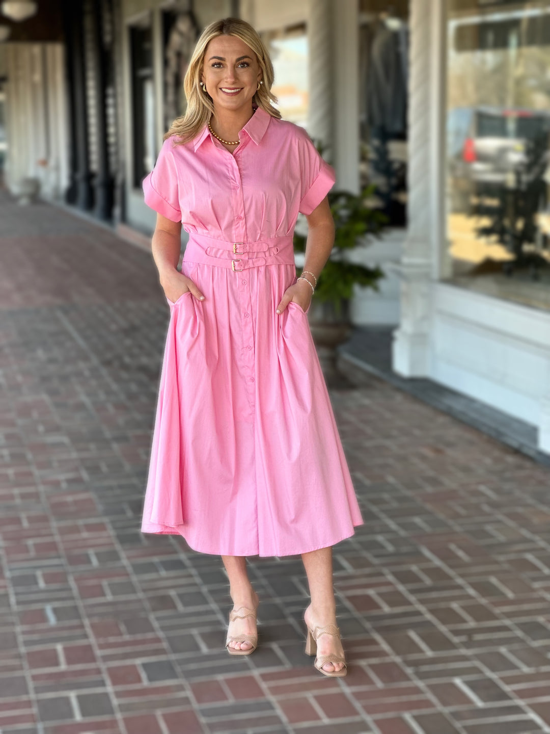 Belted Pink Midi Dress