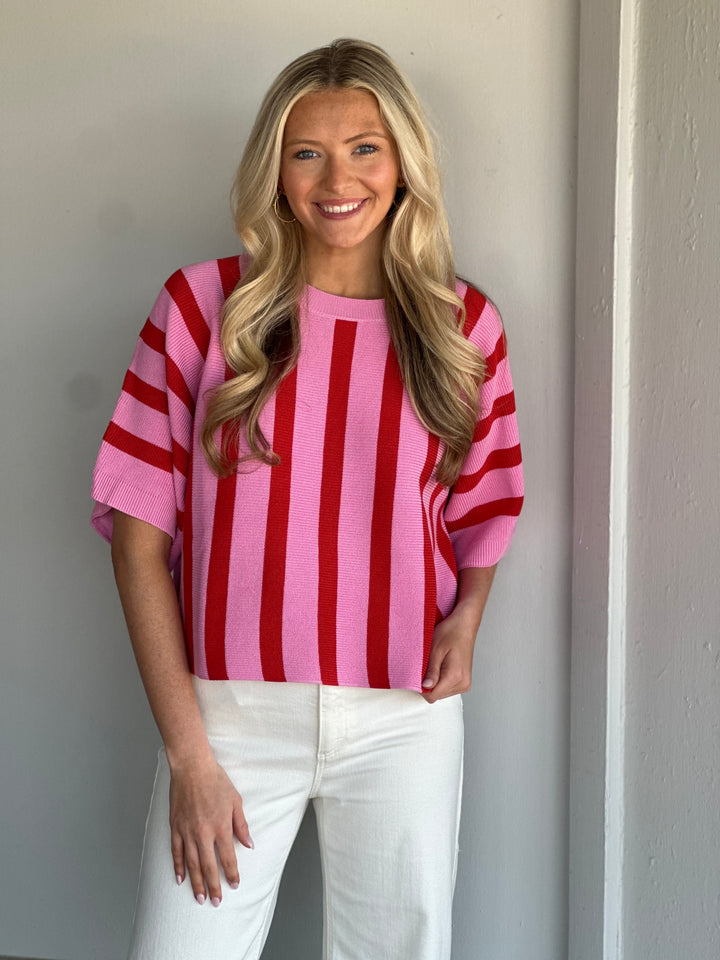 Pink Striped Dolman Short Sleeve Top