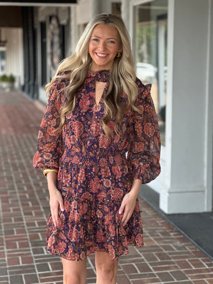 Purple Floral Print Chiffon Dress