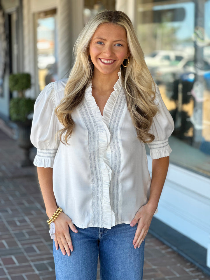 Ruffle Smock Neck Top in White