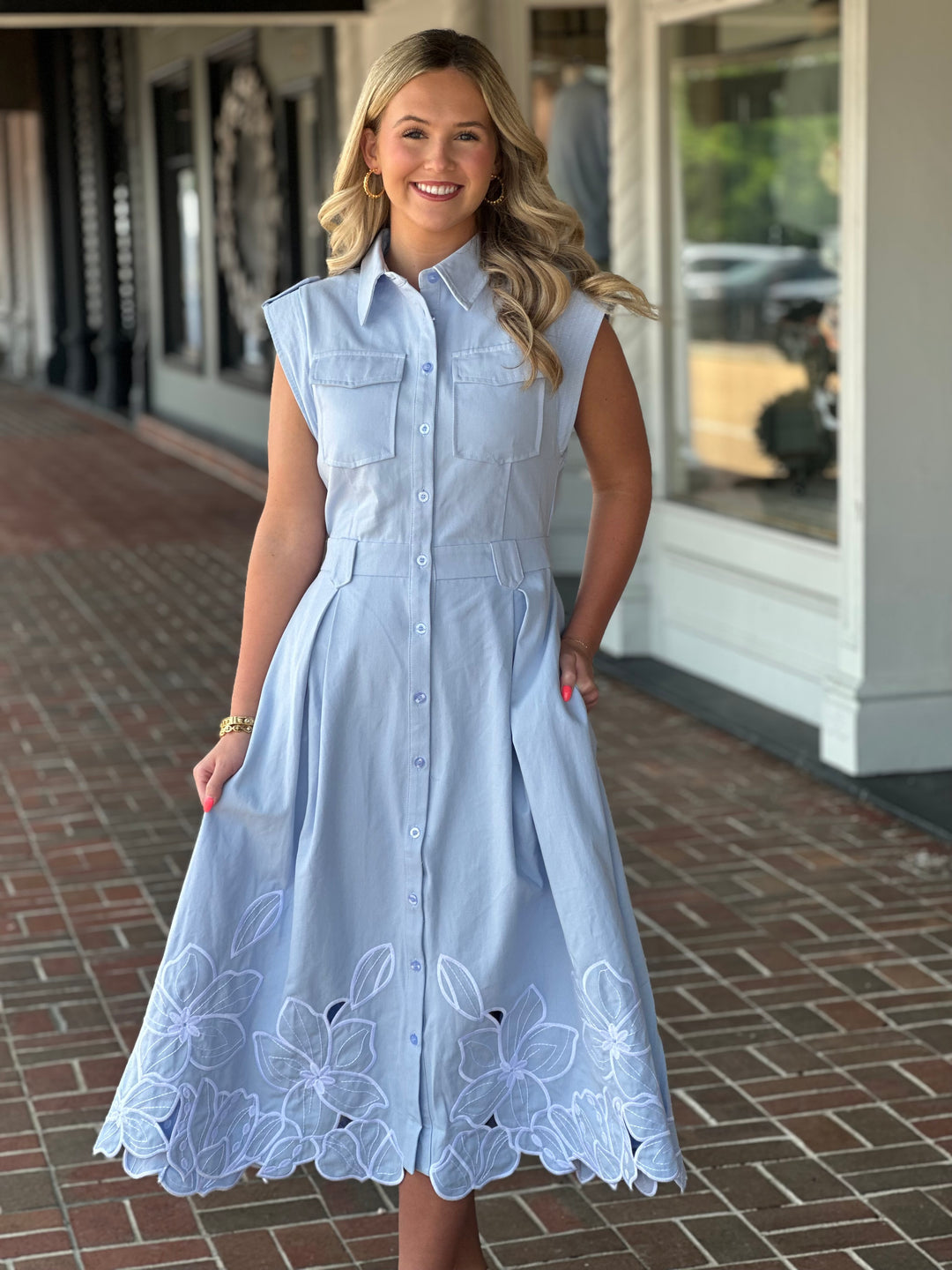 Blue Floral Cut-out Embroidery Twill Midi Shirt Dress