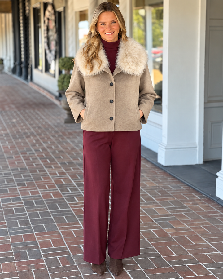 Dylan Clara Fur-Trimmed Melton Coat in Camel
