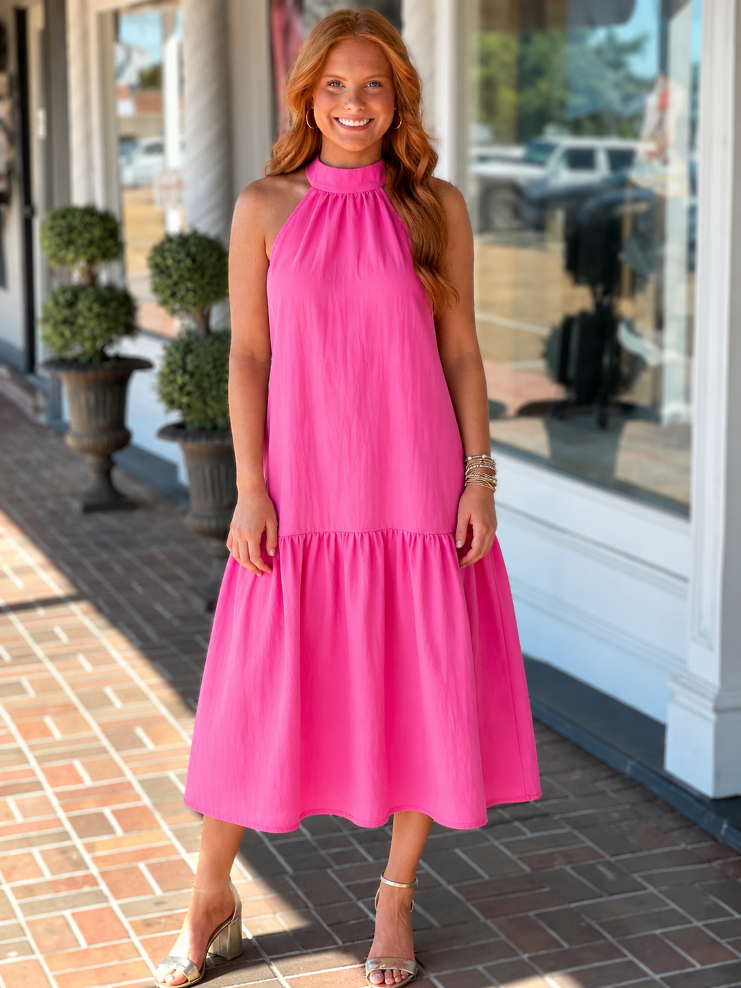 Tie Halter Neck Sleeveless Midi Dress in Hot Pink