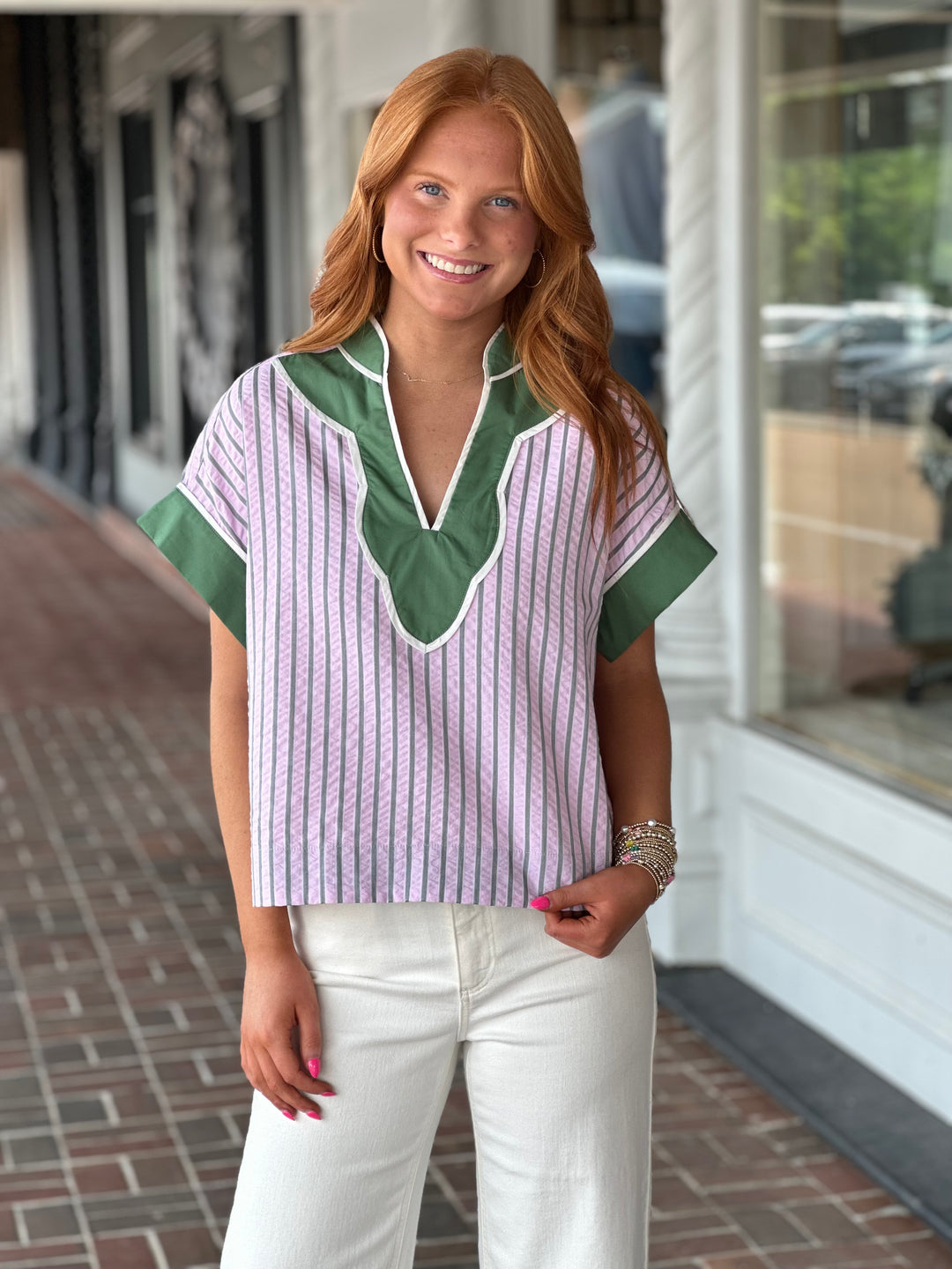 Pink Striped Short Cuff Sleeve Top