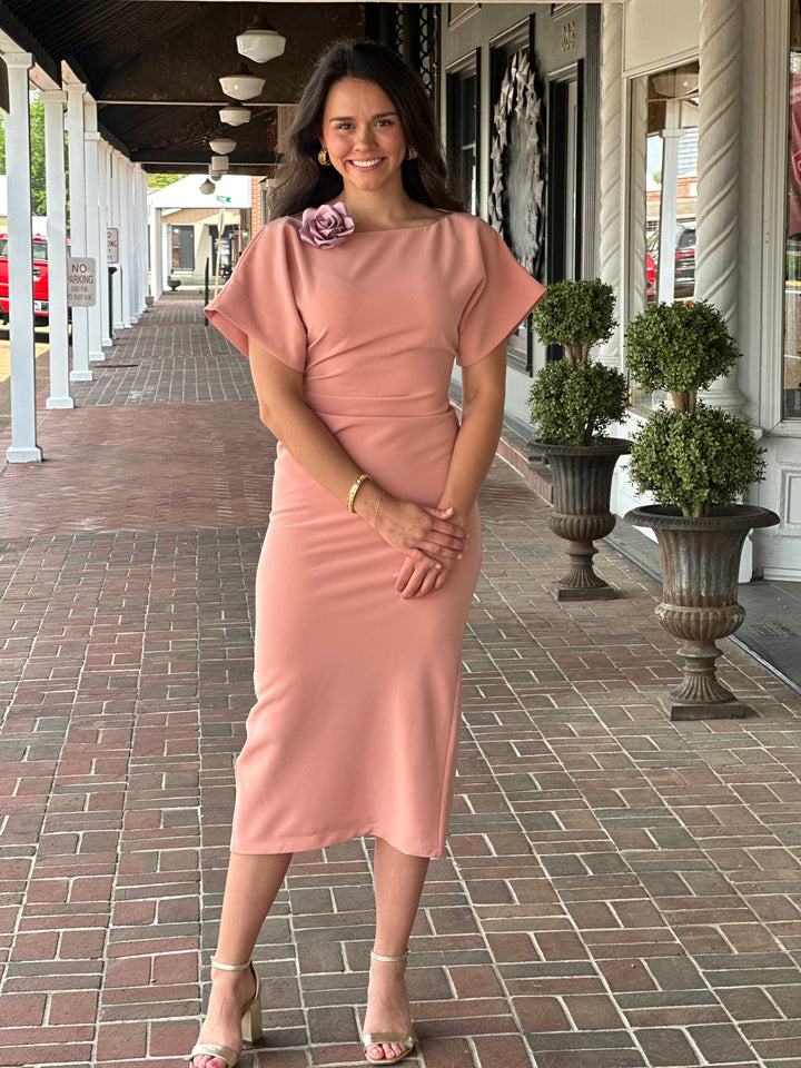 Jessie Liu Dolman Sleeve Tucked Dress in Coral Pink