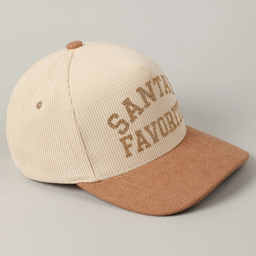 Santa's Favorite Glitter Text 5 Panel Corduroy Cap in Beige