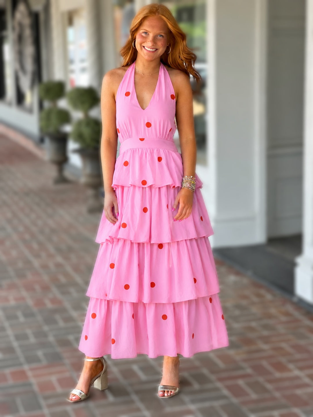 Polka Dot Halter Maxi Dress in Pink