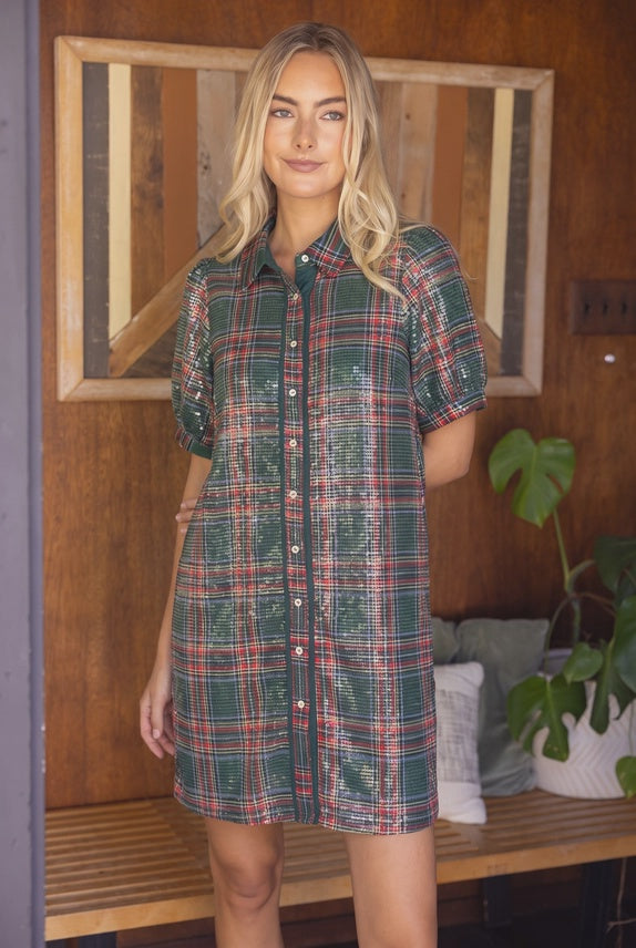 Collared Button Down Plaid Sequins Dress in Green