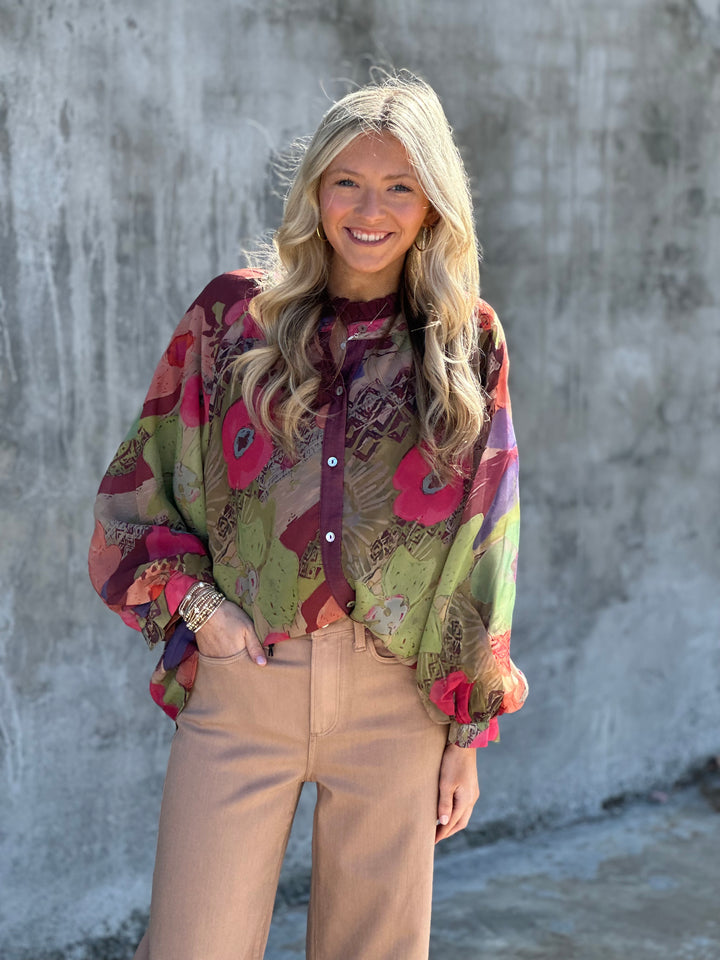 Burgundy Floral Chiffon Top
