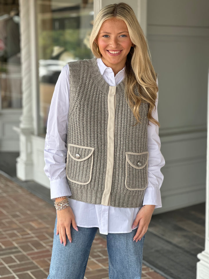 Tribal Sleeveless Pocket  Sweater Vest in Sandstone