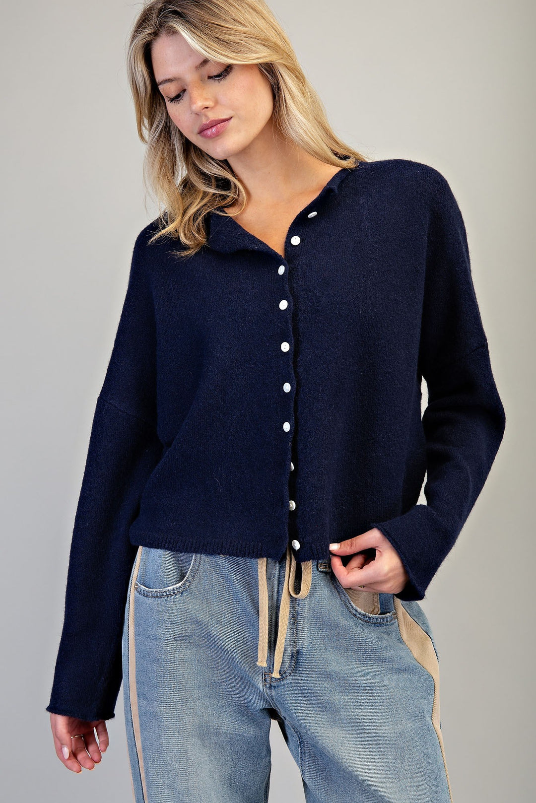 Solid Button Down Long Sleeve Cardigan in Mystic Midnight