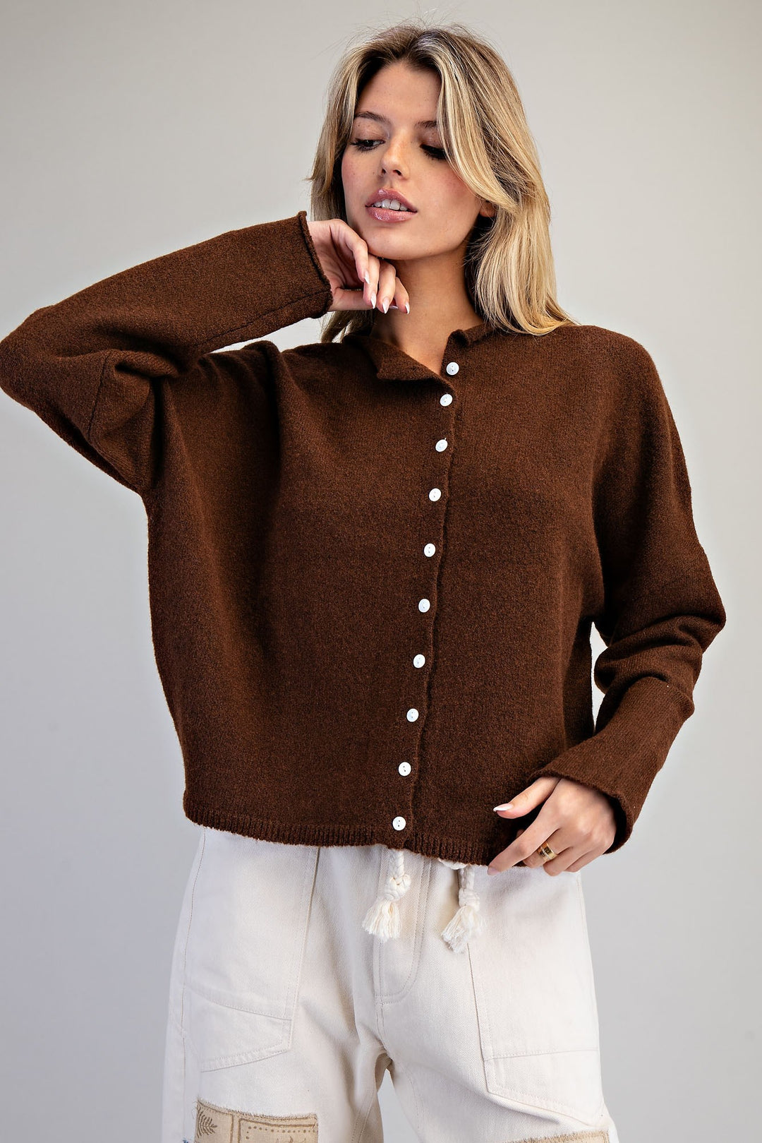 Solid Button Down Long Sleeve Cardigan in Chocolate