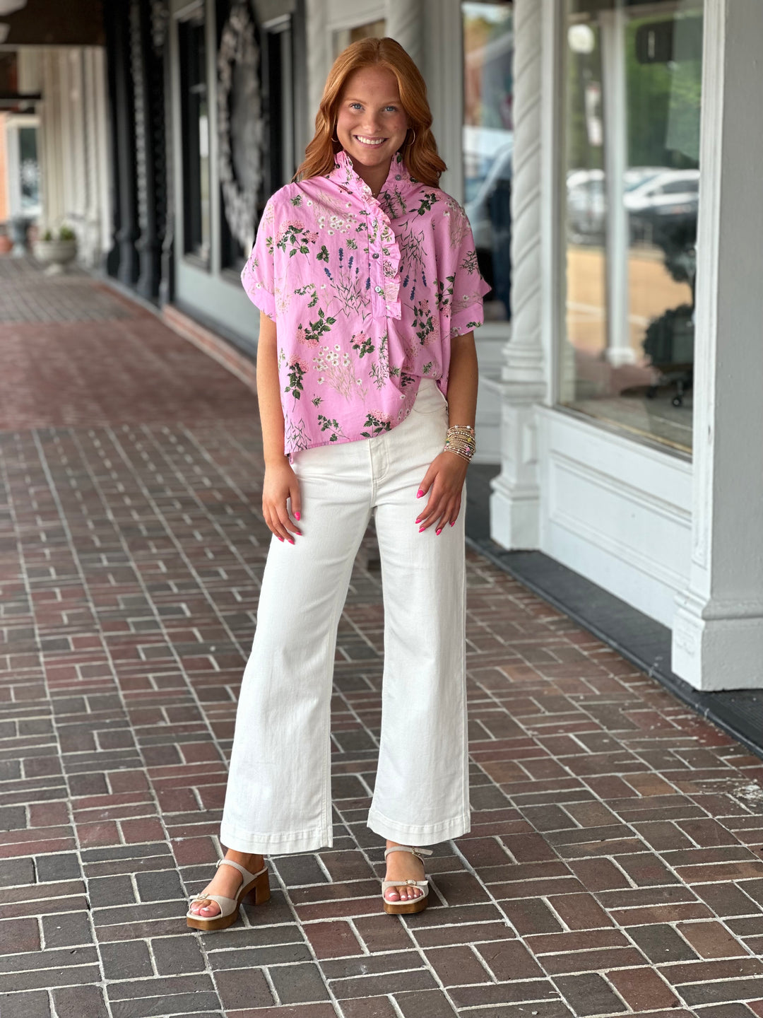 Pink Floral Print Short Sleeve Top