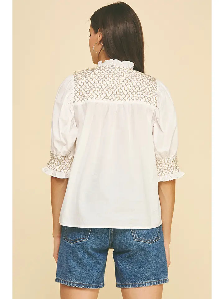 Off White Embroidered Button Down Top