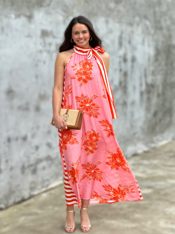 Pink Botanical Print Sleeveless Midi Dress