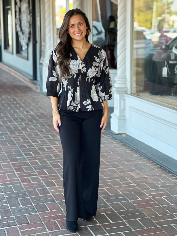 Floral Printed Black Zip-Up Neck Top