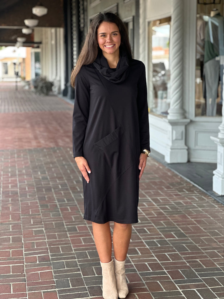 Perre Classic Pullover Cowl Neck Black Pocket Dress