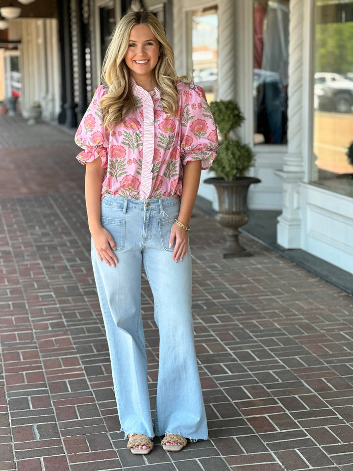 Pink Floral Print Short Puff Sleeve Top