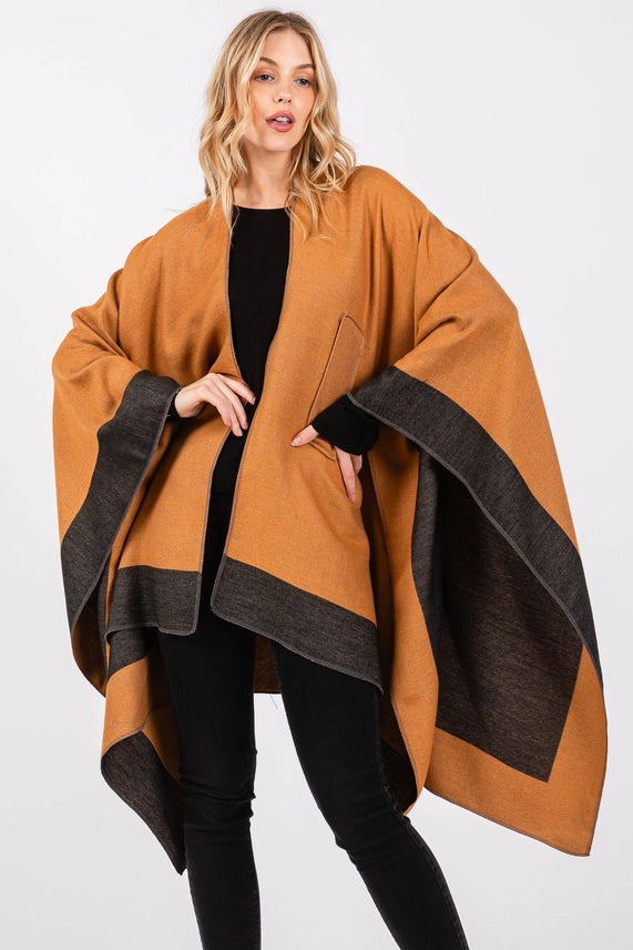 Two Tone Pull Through Ruana Shawl in Taupe