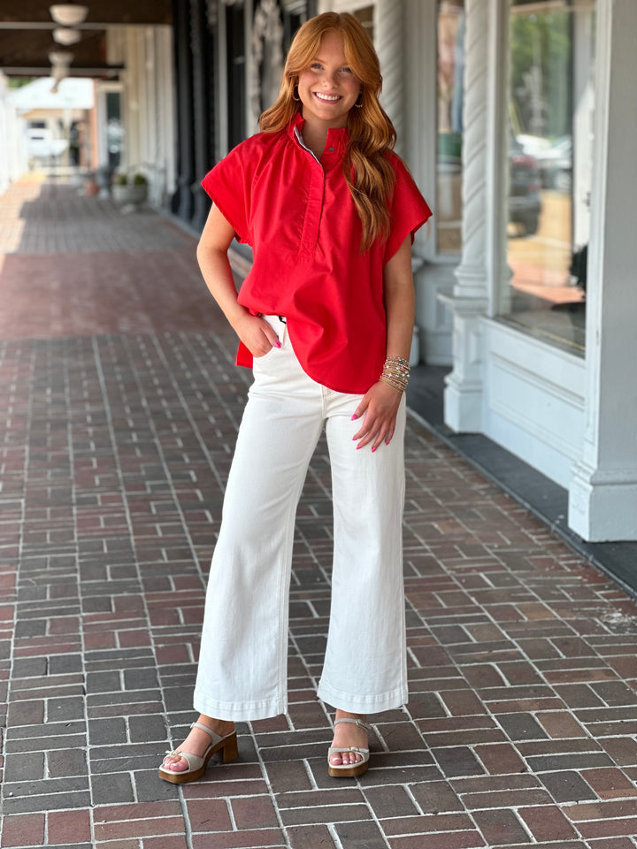 Red Solid cap sleeve top