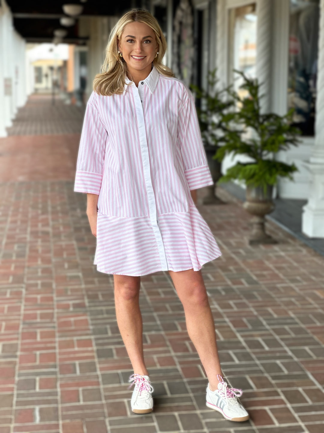 Striped Mini Button Dress is Pink