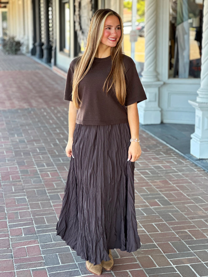 Dark Brown Elegant Crinkled Maxi Skirt