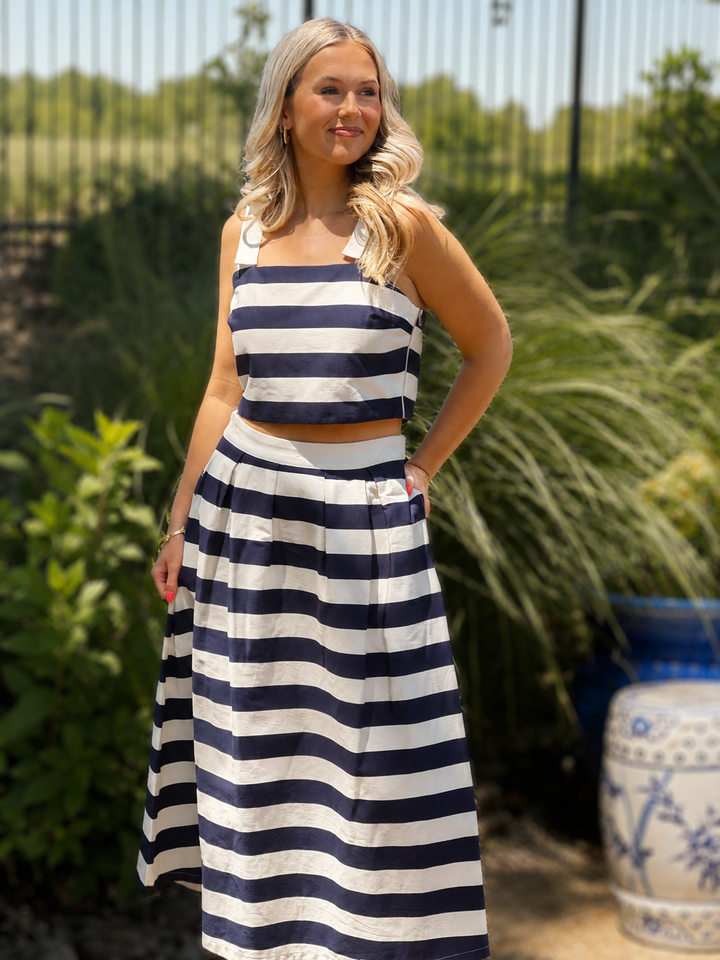 Navy Striped Sleeveless Cropped Top