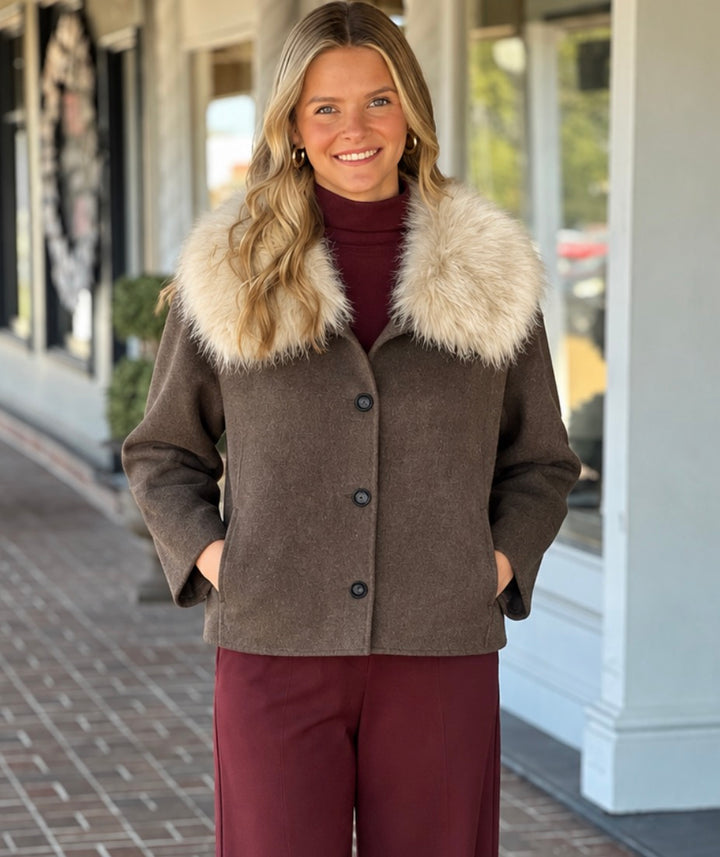 Dylan Clara Fur-Trimmed Melton Coat in Brown
