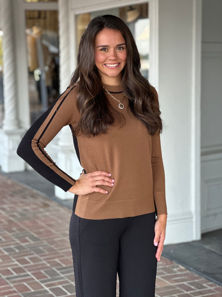 Wood Brown Crewneck Black Stripe Panel Sweater