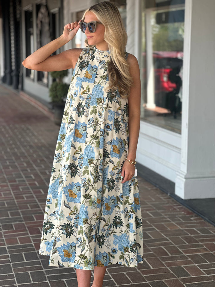 Sleeveless Floral Pattern Dress in Beige