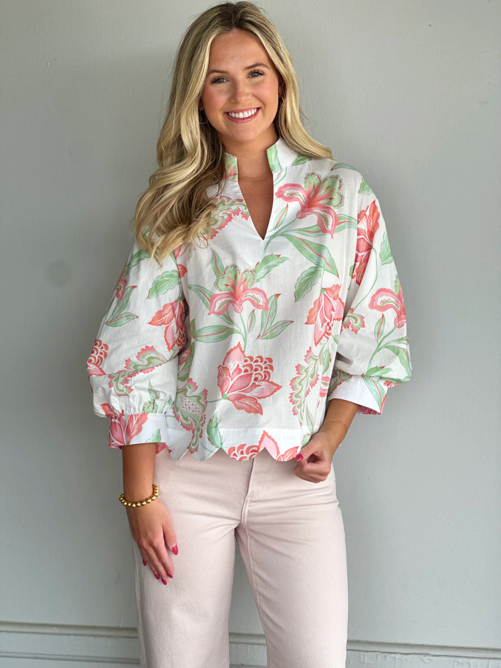 Floral Print Scallop Top in Peach