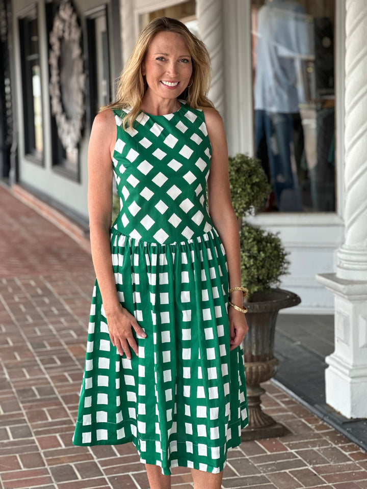 Green Gingham Flare Midi Dress