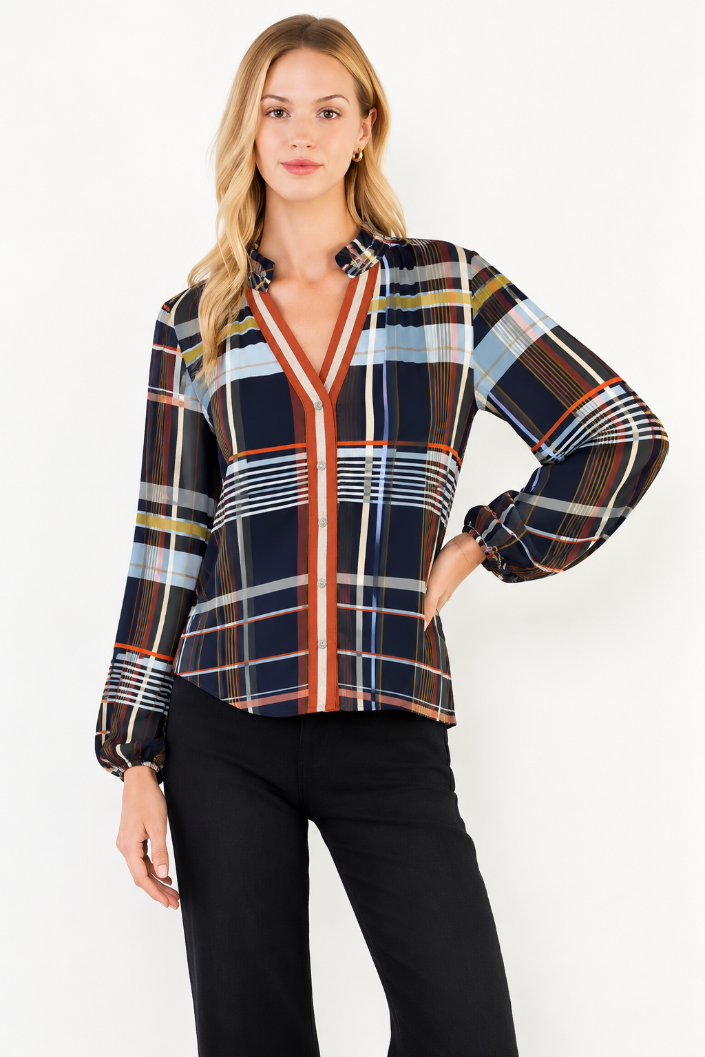 Plaid Long Sleeve Button Top in Navy Multi