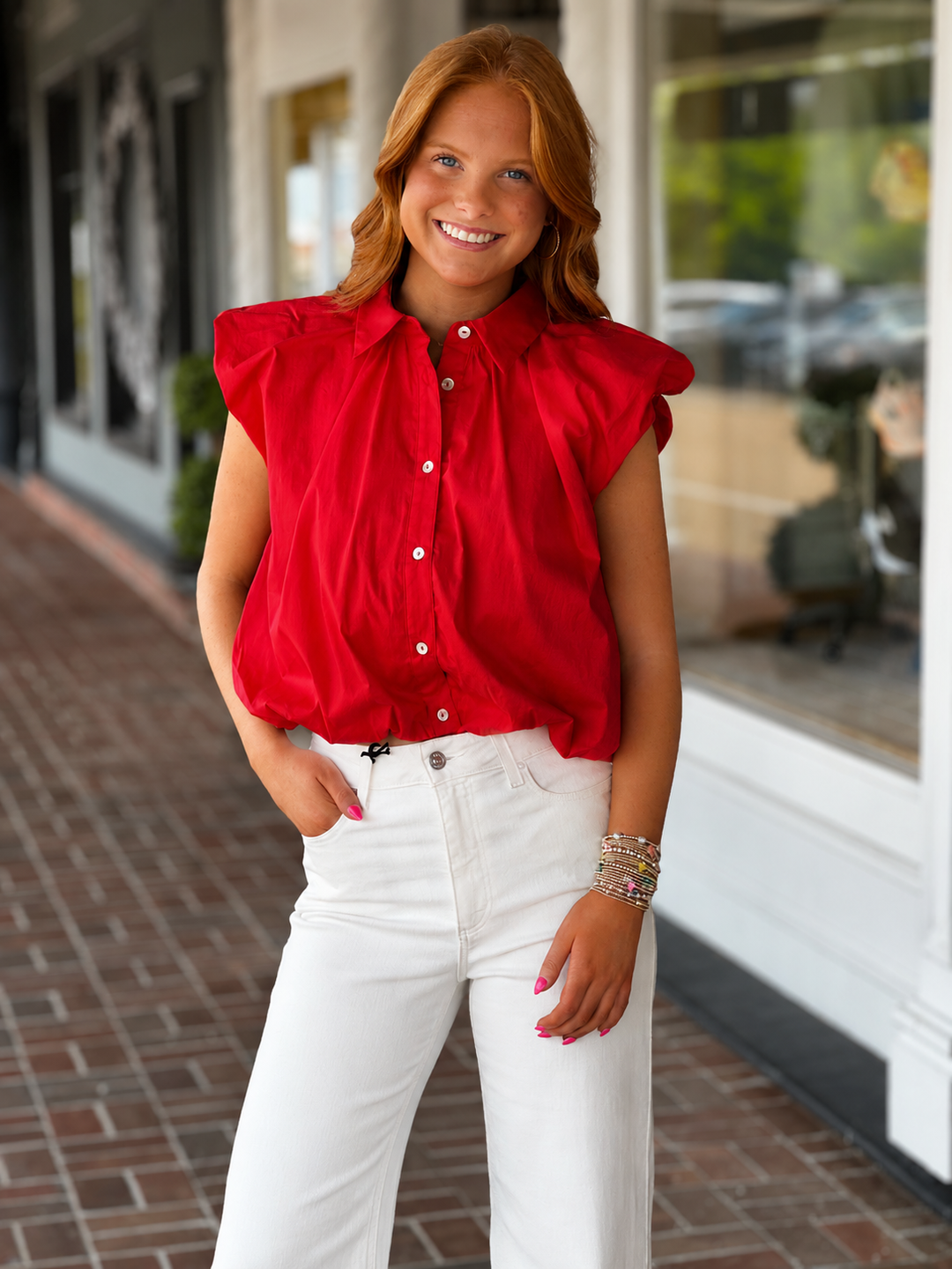 Bubble Sleeveless Button Down Top in Red